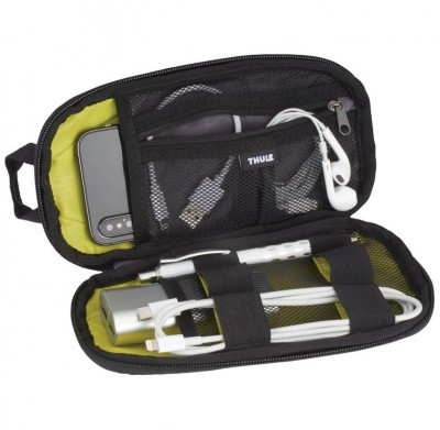 Thule Subterra PowerShuttle Mini Tech Bag shown open with tech cords inside