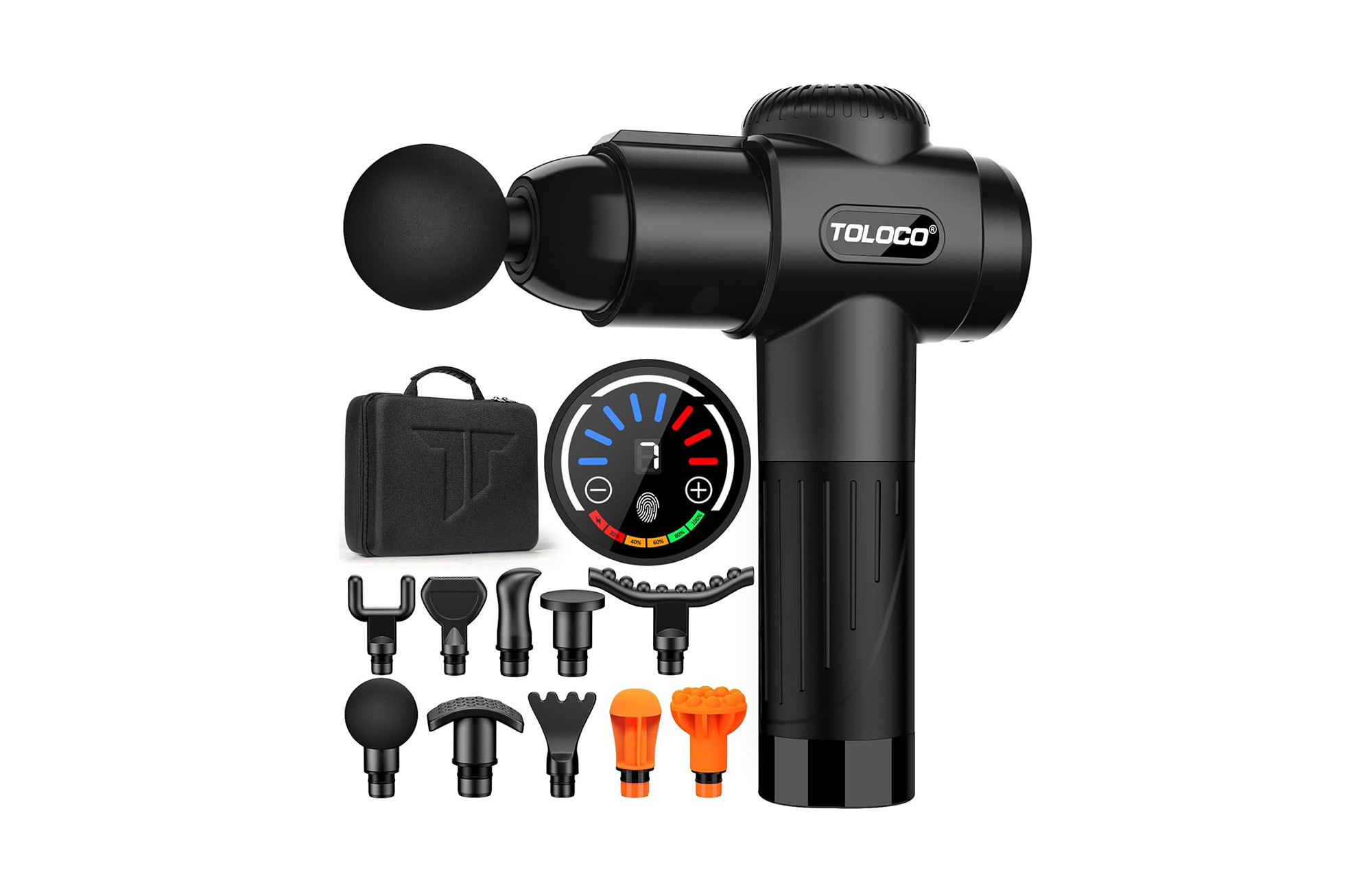 Image of TOLOCO Massage Gun with different attachments, demonstrating its use for muscle recovery and relaxation.