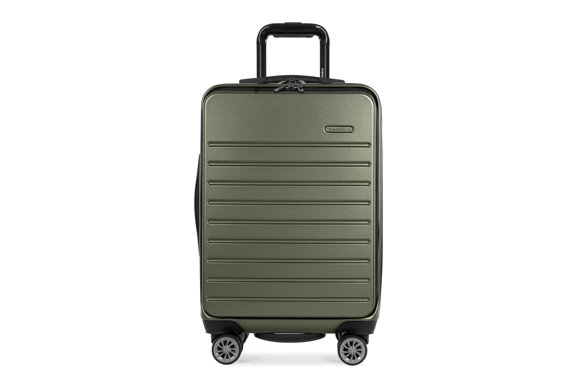 Traveler's Choice Suitcase, showcasing its hardside design, front pocket access, and wheels, emphasizing convenience for travel.