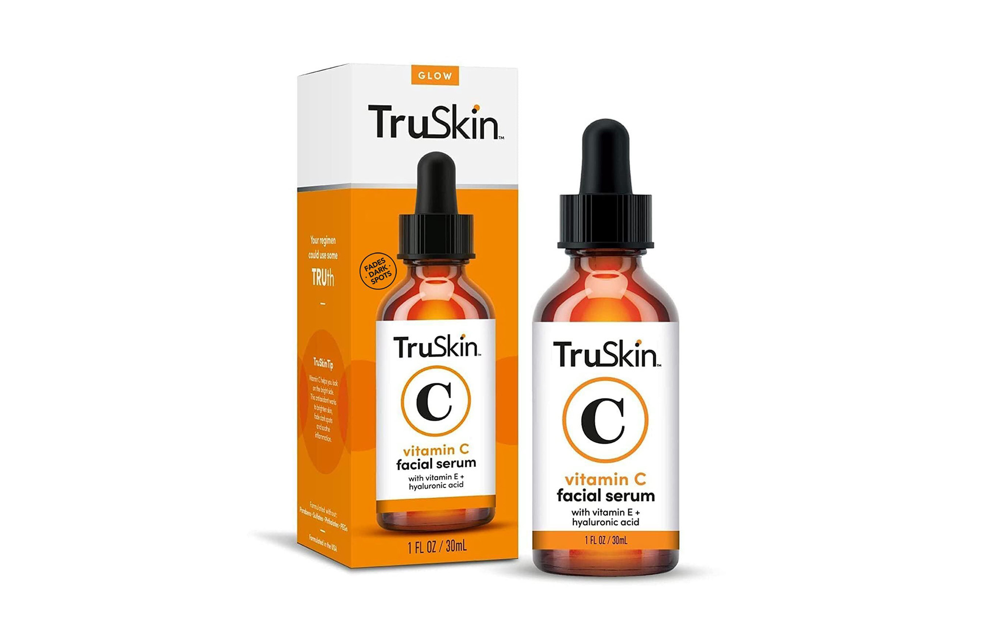 Bottle of TruSkin Vitamin C Serum, emphasizing its packaging and branding as a popular skincare product for radiant skin.
