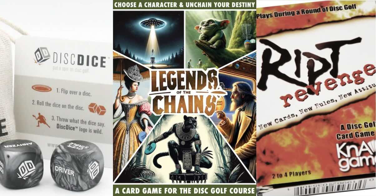 Three disc golf games: Disc Dice, Legends of the Chains, and Ript Revenge