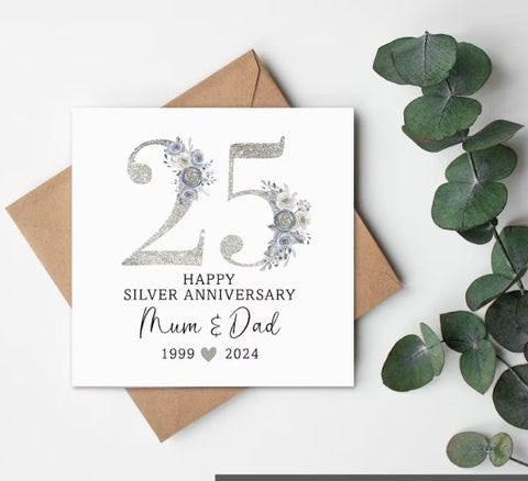 Elegant silver wedding anniversary card, personalized with names, high-quality cardstock, heartfelt anniversary greeting.