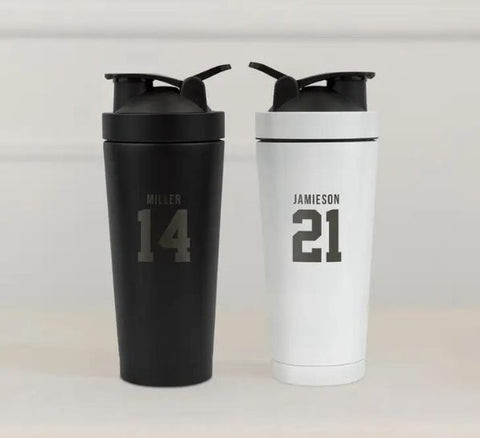 Personalized stainless steel protein shaker with coach's name, a health-conscious gift for active coaches