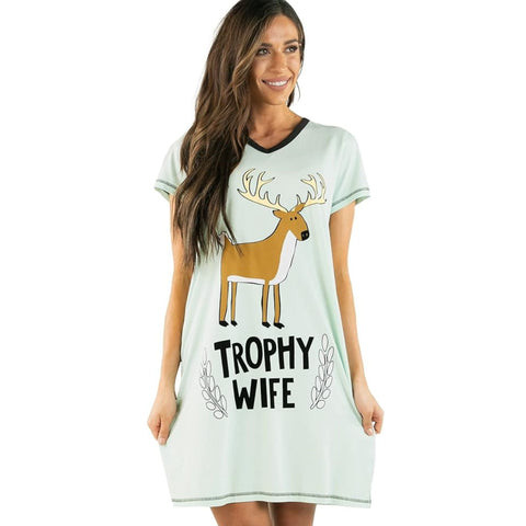 Playful &quot;Trophy Wife&quot; nightgown in pastel colors, a fun and comfortable birthday gift for wife with a sense of humor.