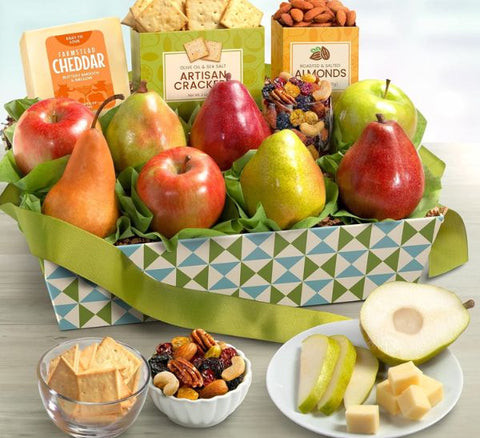 Classic Gourmet Fruit Basket: Fresh fruit and gourmet snack assortment, traditional and elegant 4th anniversary gift basket