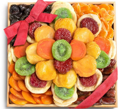 Fruit and Flowers Arrangement: Dried fruit basket with floral accents, unique and traditional 4th anniversary gift idea