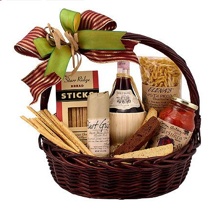 Italian gift basket with pasta, sauce, cheese, and wine