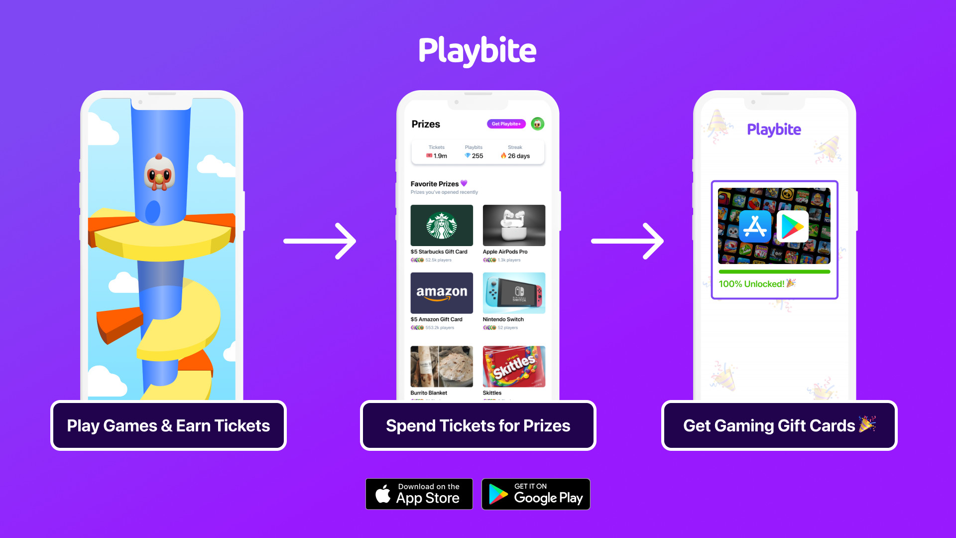 Playbite app interface showing various games