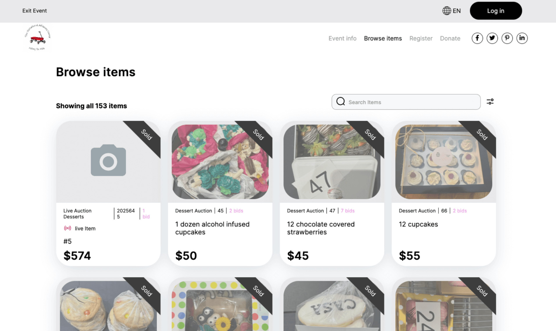 A screenshot of a Handbid interface displaying virtual auction items.