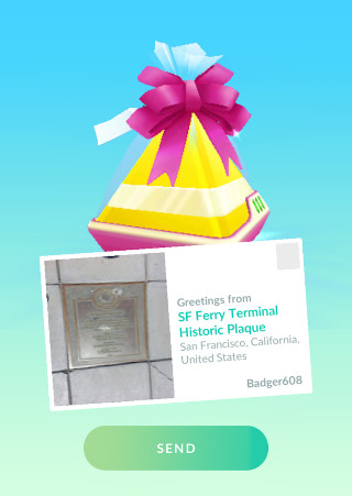 Pokemon GO Trainer sending gift to friend with attached postcard and the option to add a sticker