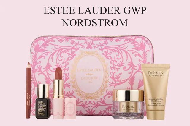 Estee Lauder gift at Nordstrom, featuring Advanced Night Repair and Re-Nutriv products in a Laduree cosmetic bag